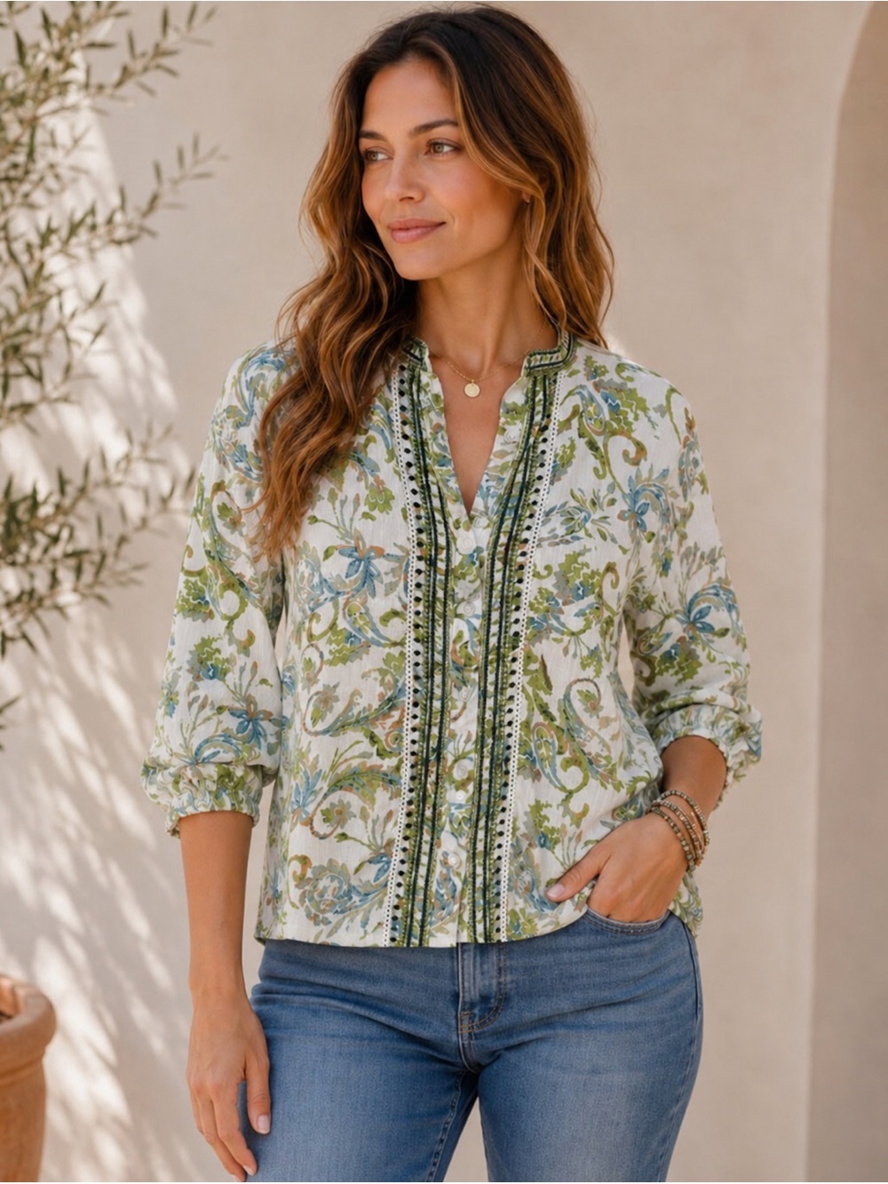 Natura Portugal Botanical Print Blouse XS Green Blue Viscose Button Front Boho